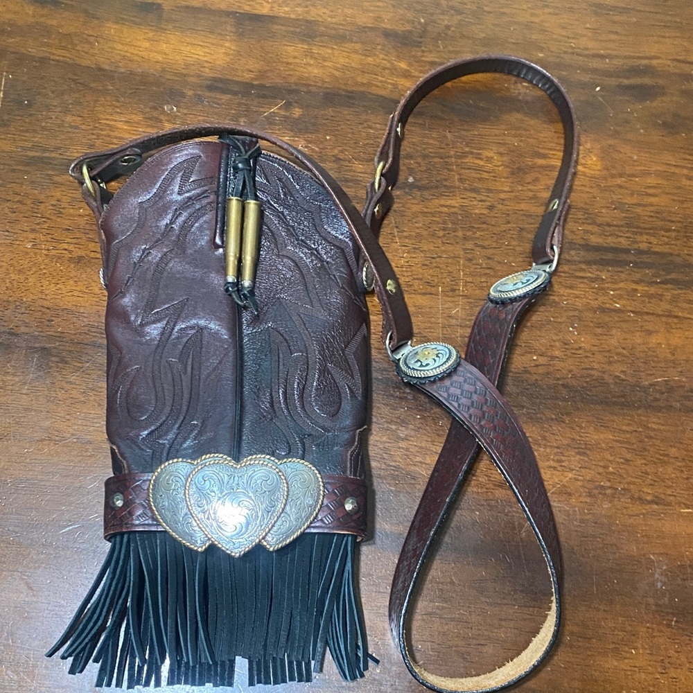 Brown Tooled Leather Western Fringe Crossbody Bag